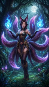 一位身穿盔甲的九尾狐女神在夜晚的神秘森林中手持發光的藍色火焰。