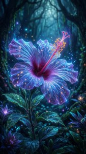 一朵發光的藍紫色木芙蓉花在充滿閃爍燈光的黑暗魔法森林中。