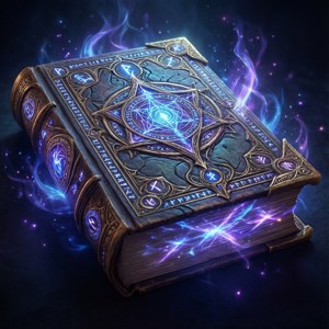 古老的魔法書在黑暗的宇宙背景下發出藍色和紫色的光芒