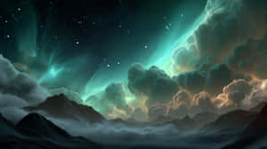 北極光照亮山脈，星空下伴有戲劇性的雲層