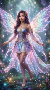 一位閃亮的仙子，擁有半透明的翅膀，漂浮在星光燦爛的魔法森林中。
