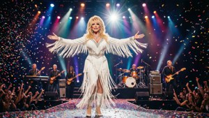Dolly Parton 在舞台上表演，身穿白色流蘇服裝，五彩紙屑飄落，身後有樂隊。