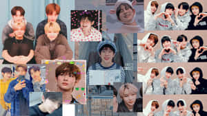 K-pop偶像穿著休閒服裝，擺出心形和微笑姿勢的拼貼畫。