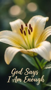 一朵帶有黃色中心的白色百合花，文字寫著 God Says I Am Enough