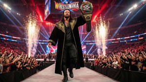 Roman Reigns 在WrestleMania手持WWE冠軍腰帶沿著斜坡走下，人群歡呼，煙火綻放。