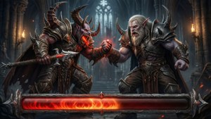 兩名身穿重甲的惡魔戰士在哥德式大教堂中，在火光中拳頭相撞