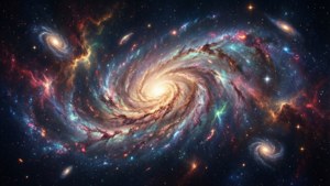 一個色彩繽紛的螺旋星系，帶有發光的旋臂和散落的星星，在深空中