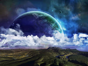 外星行星在峽谷上空升起，下方是繁星點點的天空和星雲。