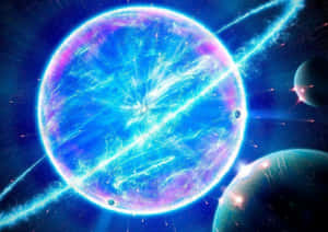 一個發光的宇宙球體，在深空中帶有能量光束和環繞的行星。