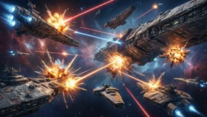 未來戰艦在太空戰中於彩色星雲中發射激光並爆炸。