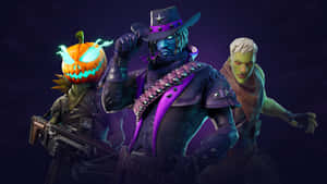 三個Fortnite萬聖節角色，帶有發光南瓜和紫色點綴。