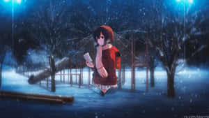 紅外套動漫女孩在夜晚雪公園中，藍光下手持信件。