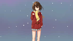 動漫女孩穿著紅色外套和黃色圍巾，站在黃昏的飄雪中。