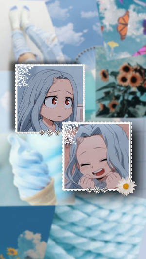藍天下包含向日葵、蝴蝶和雪糕的動漫少女拼貼。 — 花卉 iPhone 壁紙