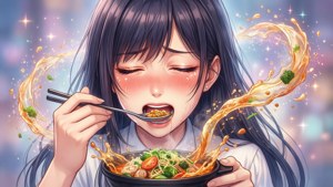 一位年輕動漫女孩開心吃拉麵，湯汁和麵條在她周圍飛舞。