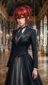 一位紅髮女子身穿黑色禮服，站在一個裝飾華麗、有金色吊燈的大廳中。