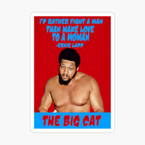 摔角手 Ernie Ladd 與引文和標題 The Big Cat 在紅藍背景上。