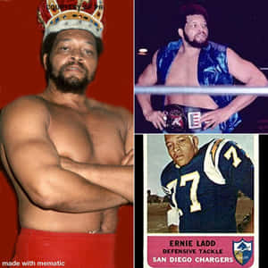 Ernie Ladd 的三個角色：戴皇冠的摔角手、擂台上的冠軍，以及電光隊的足球員。