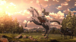 動漫戰士騎馬在夕陽下的田野奔馳。