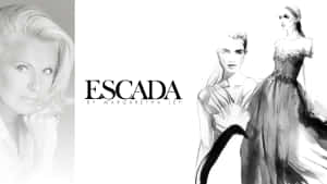 Escada by Margaretha Ley 時尚廣告，附有肖像和穿著禮服的模特兒草圖。 — 設計 壁紙