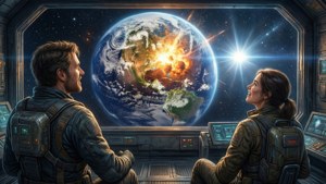 兩名太空人從太空船駕駛艙內看著他們的行星爆炸成熾熱的橙色和藍色。