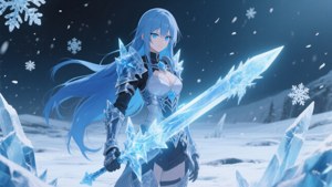 藍髮動漫女戰士在雪地冬季景觀中手持發光的冰劍，伴隨著冰晶