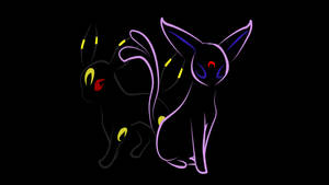兩個發光的 Pokémon 剪影，以霓虹紫色和黃色勾勒，背景為黑色。