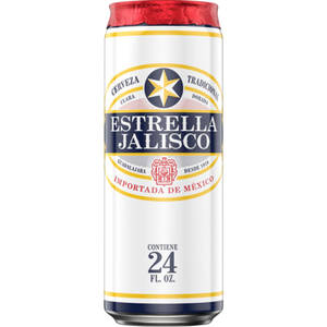 Estrella Jalisco啤酒罐，紅色頂部和白色標籤