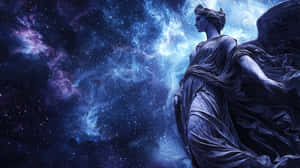 石天使雕像有翅膀，背景是星光宇宙星雲