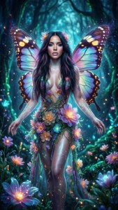 一位有蝴蝶翅膀和花卉裙的仙女，站在夜晚發光的森林中。