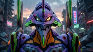 雨夜霓虹城市中的 Evangelion 機體，發光的眼睛
