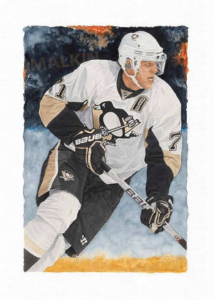 冰球運動員 Sidney Crosby 身穿企鵝隊制服，手持球桿溜冰