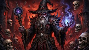 一個紅眼黑暗巫師在頭骨和熾熱城堡環繞下施展魔法。