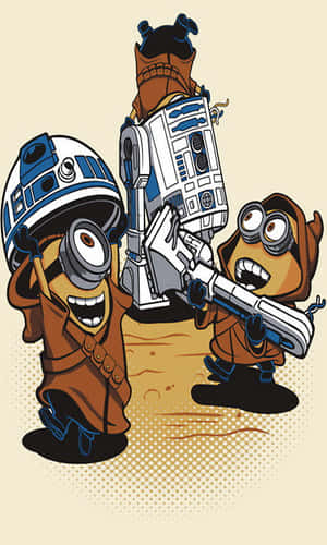 穿著星球大戰服裝的迷你兵團與R2-D2和爆能槍，漫畫風格。
