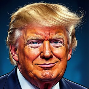 唐納德·特朗普身穿西裝的近距離肖像，金色頭髮，面帶冷笑，藍色背景