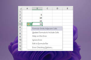 紫色花卉背景上的 Excel 錯誤訊息。
