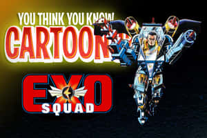 Exo Squad 動畫海報， featuring 駕駛員在藍金色機甲中，搭配大膽的紅色文字。