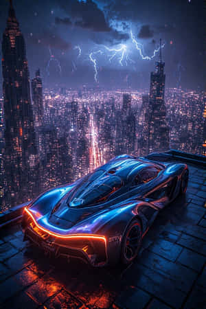 時尚的藍色跑車帶有發光的橙色燈光，在屋頂上俯瞰著夜晚暴風雨的霓虹城市。