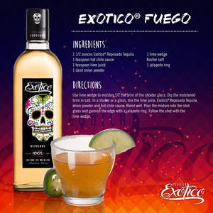 Exotico Fuego 龍舌蘭酒瓶和辣味烈酒食譜，配以青檸和墨西哥辣椒裝飾。