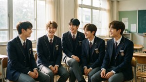 五個穿著校服、面帶微笑的十幾歲男孩在教室裡一起大笑。 — Exo 壁紙
