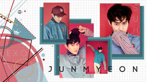 K-pop偶像Junmyeon以多種姿勢呈現，搭配幾何設計和紅色背景。