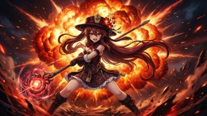 長紅髮的動漫女巫在熾熱爆炸背景下施展火焰魔法。