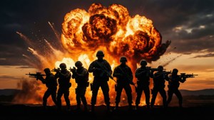 一群剪影士兵在日落時分的大爆炸前手持步槍