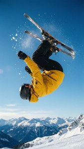 滑雪者在藍天下於積雪山峰上空翻騰