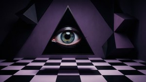 一個逼真的眼睛位於紫色牆上的黑色三角形中央，下方是黑白棋盤格地板。