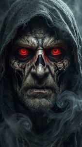 一個死神，有著發光的紅眼睛和破爛的兜帽，被煙霧包圍。