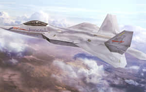 銀色戰鬥機在沙漠地形上空飛越雲層。