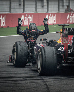 F1車手在賽車旁慶祝勝利