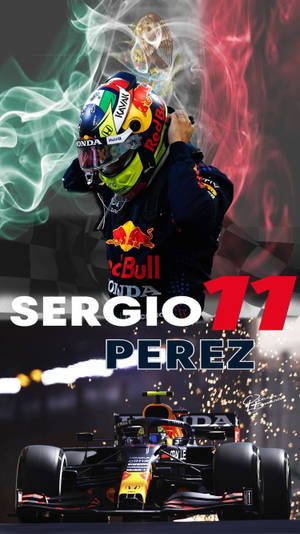 F1車手沙治奧·佩雷斯在紅牛賽車中慶祝勝利，周圍煙霧和火花四濺。