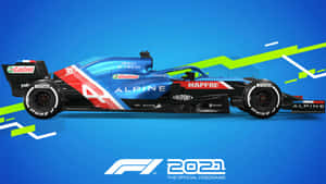2021年電子遊戲中的Alpine F1賽車，在藍色背景上帶有贊助商標誌。